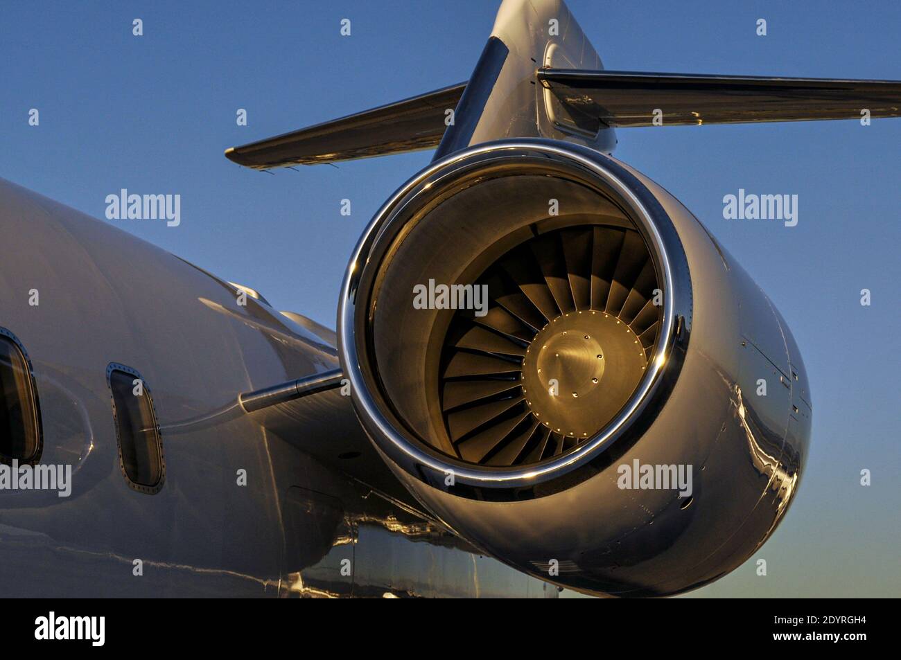 Close up view of a Bombardier Challenger executive jet engine and