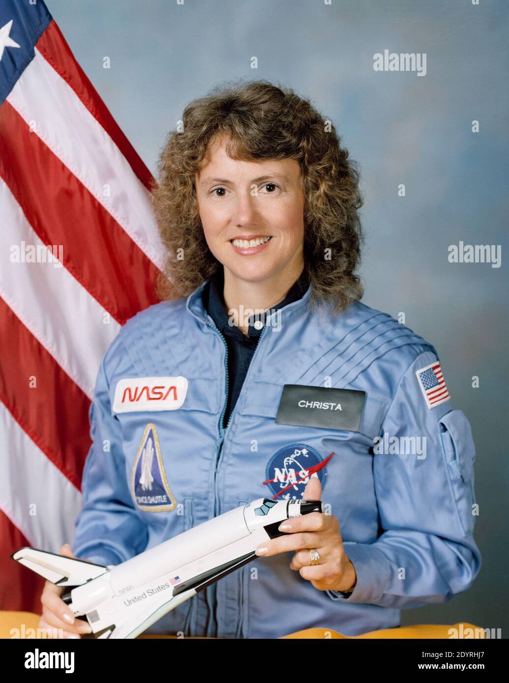 Sharon Christa McAuliffe (née Corrigan; September 2, 1948 – January 28, 1986) American teacher and astronaut and one of the seven crew members killed in the Space Shuttle Challenger disaster. Stock Photo