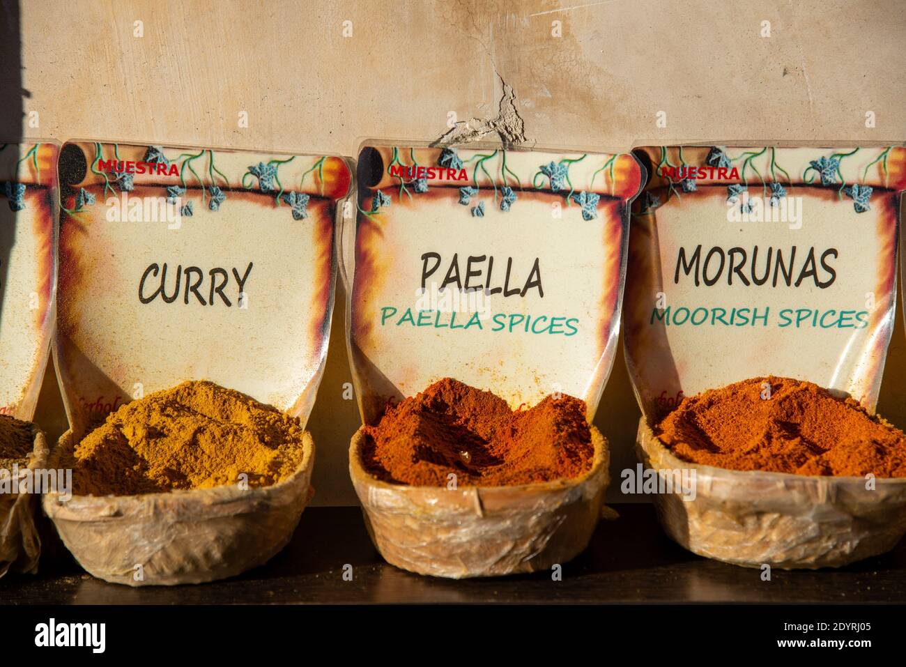 different spices at local market in Andalucia, Spain Stock Photo
