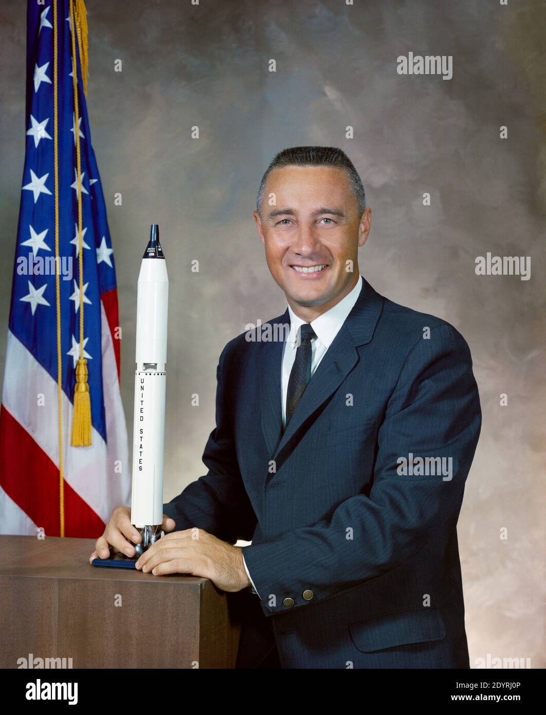 Virgil Ivan 'Gus' Grissom (1926 – January 27, 1967) United States Air Force (USAF) pilot and a member of the Mercury Seven selected by National Aeronautics and Space Administration's (NASA) as Project Mercury astronauts to be the first Americans in outer space. He was a Project Gemini and an Apollo program astronaut. As a member of the NASA Astronaut Corps, Grissom was the second American to fly in space. He was also the second American to fly in space twice, beaten only by Joe Walker with his sub-orbital X-15 flights. Stock Photo