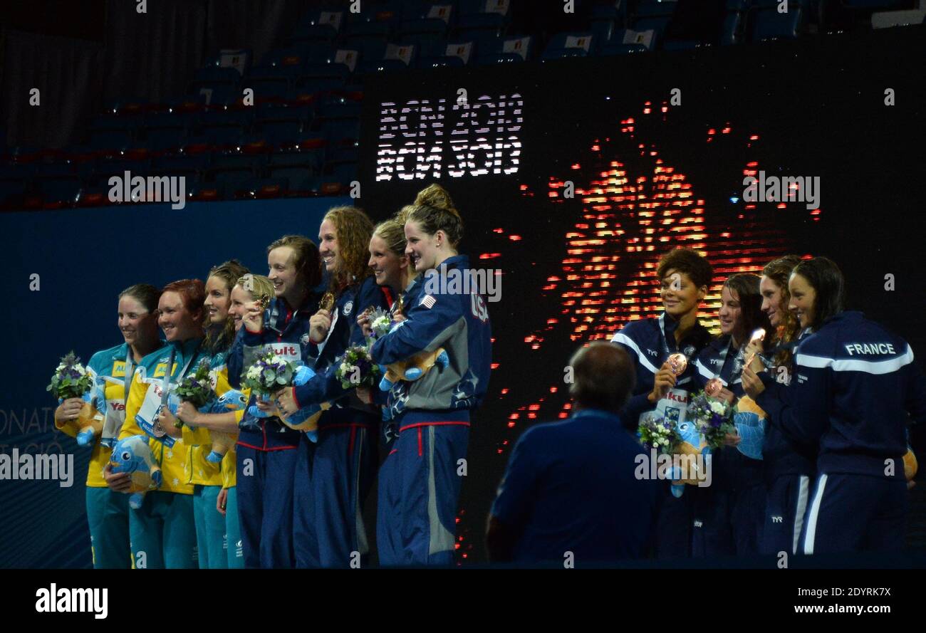 (Top L-R) Gold medalists US swimmers Katie Ledecky, Shannon Vreeland, Karlee Bispo and Missy Franklin, (bottom L-R) Silver medalists Australia's Alicia Coutts, Brittany Elmslie, Kylie Palmer and Bronte Barratt and (bottom R-L) bronze medalists France's Camille Muffat, Mylene Lazare, Charlotte Bonnet and Coralie Balmy pose on the podium during the award ceremony of the women's 4x200-metre freestyle relay during the 15th FINA Swimming World Championships at Montjuic Municipal Pool in Barcelona, Spain on August 1, 2013. Photo by Christian Liewig/ABACAPRESS.COM Stock Photo