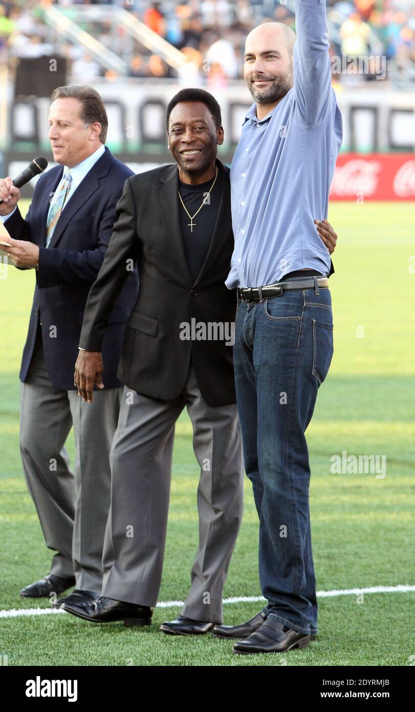 Brazilian soccer star and former Cosmos player Pele waves to the crowd before the New York Cosmos game at Hofstra University in Hempstead, New York on August 3, 2013.Photo by Charles Guerin/ABACAPRESS.COM Stock Photo