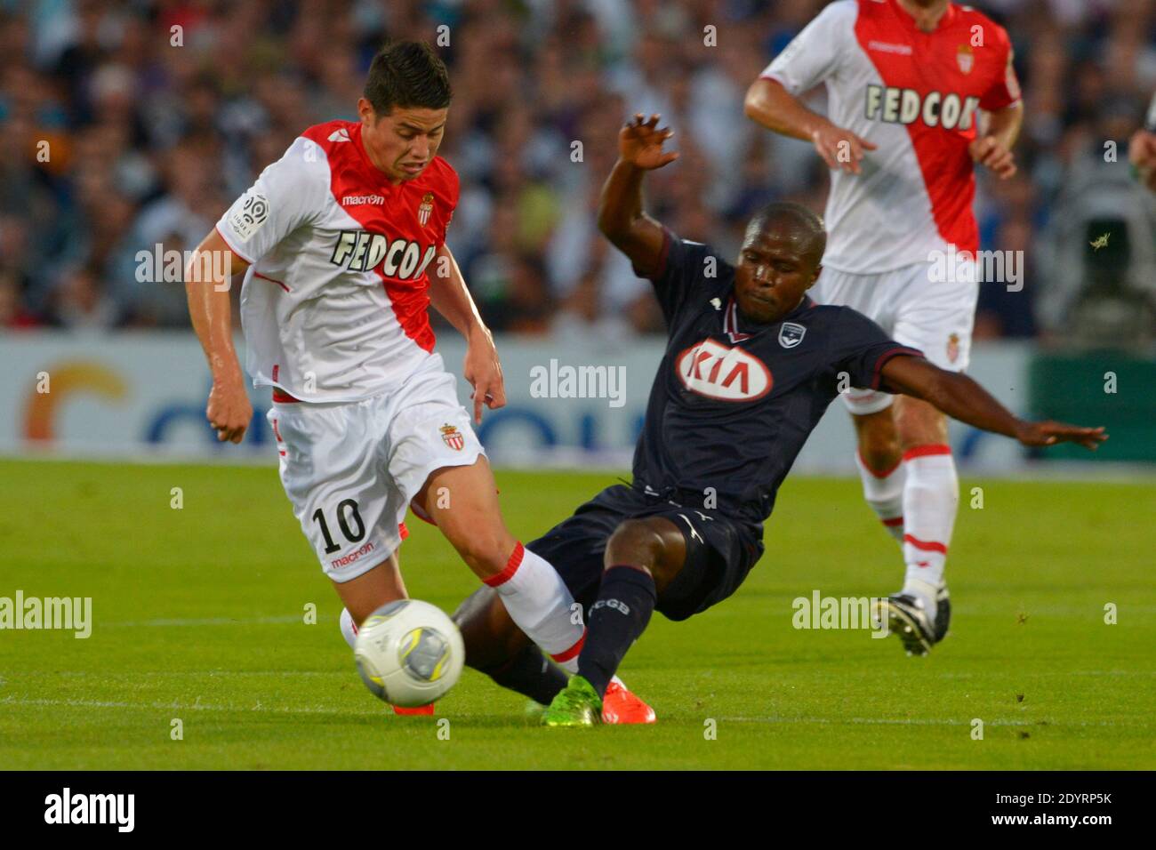 Bordeaux's Landry N'Guemo battling Monaco's James Rodriguez during the  French First League soccer match, Bordeaux