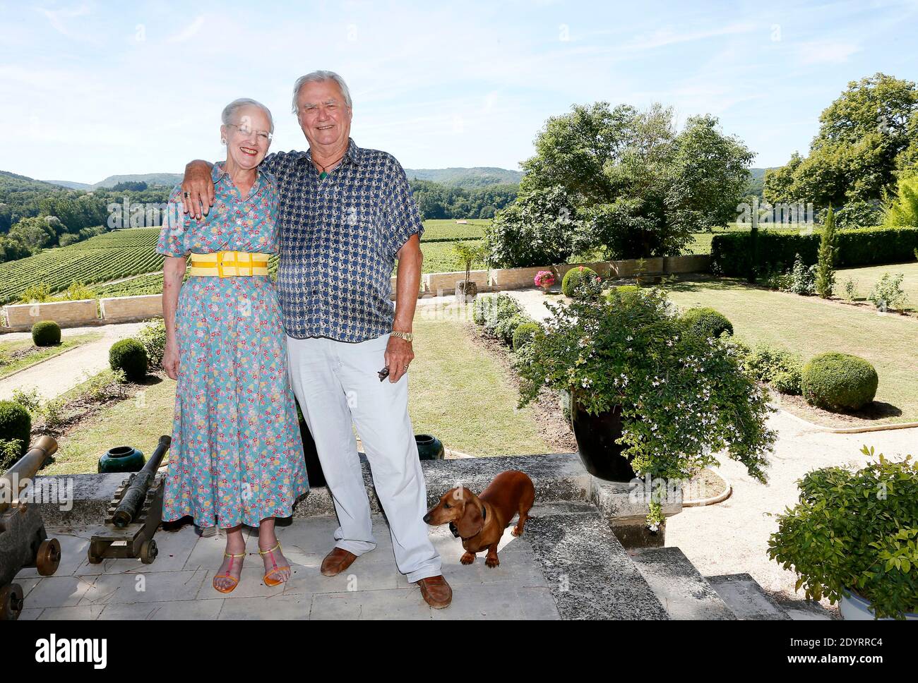 NO WEB/NO APPS/NO TABLOIDS - SPECIAL FEE REQUIRED - Exclusive. Queen Margrethe II and Prince Consort Henrik of Denmark spend their annual summer vacation at Chateau de Caix, near Cahors, southwestern France on August 14, 2013. The 25-hectare family estate produces about 160,000 bottles of 'Cahors' red, white and rose wine. Prince Henrik prefers red wine (because the grapes are hand-picked), which represents 70% of the castle's production. Best-selling around the world are the 2002 to 2005 vintages called 'La Cuvee du Prince du Danemark, Chateau de Caix, Cahors'. 10% of the Prince's wine are so Stock Photo