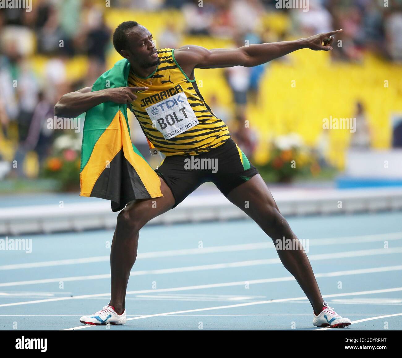 Usain Bolt of Jamaica celebrates after winning the men's 200m final at the 14th IAAF World Championships in Athletics at Luzhniki Stadium in Moscow, Russia, 17 August 2013. Photo by Giuliano Bevilacqua/ABACAPRESS.COM Stock Photo