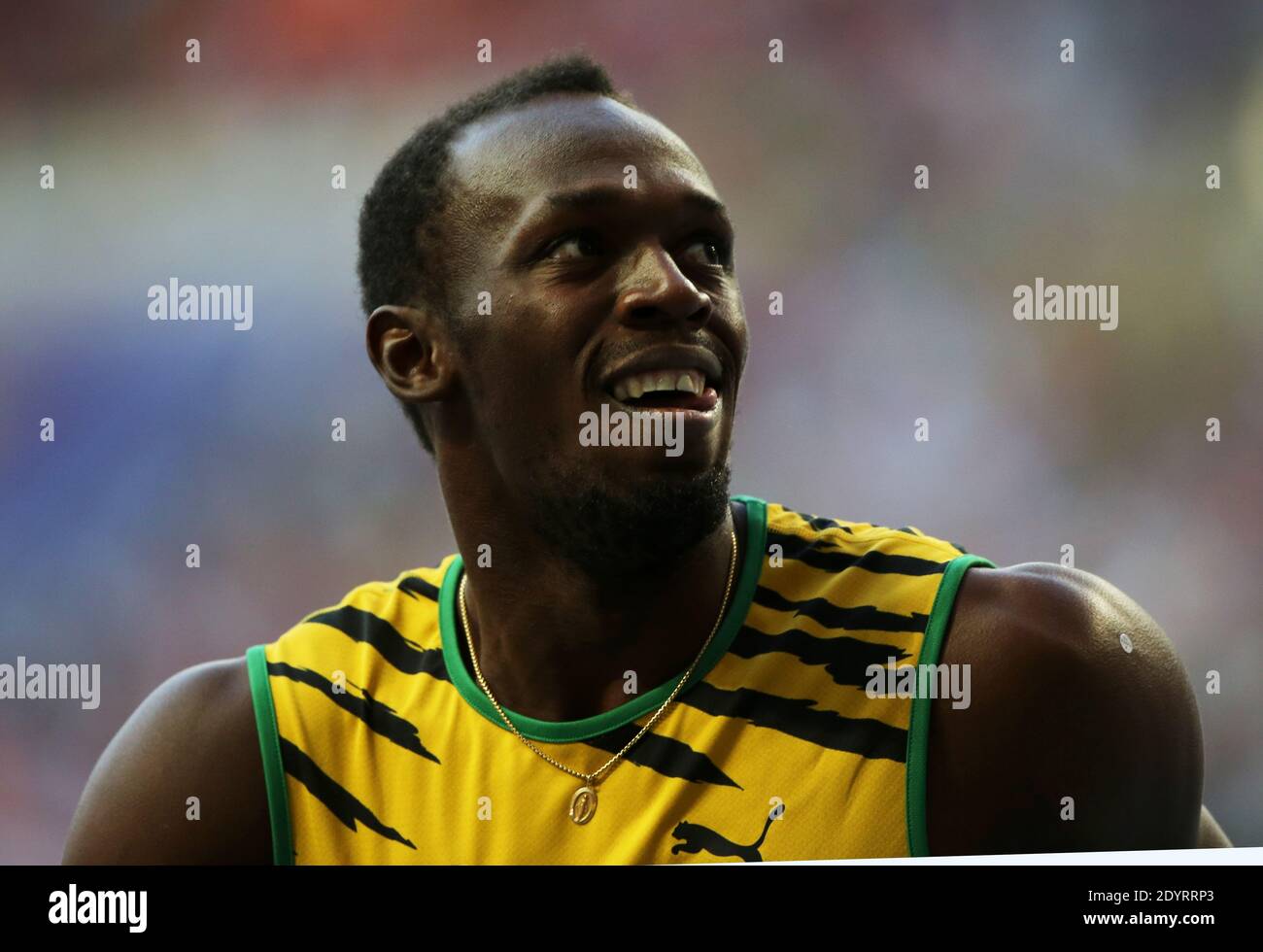 Usain Bolt of Jamaica celebrates after winning the men's 200m final at the 14th IAAF World Championships in Athletics at Luzhniki Stadium in Moscow, Russia, 17 August 2013. Photo by Giuliano Bevilacqua/ABACAPRESS.COM Stock Photo