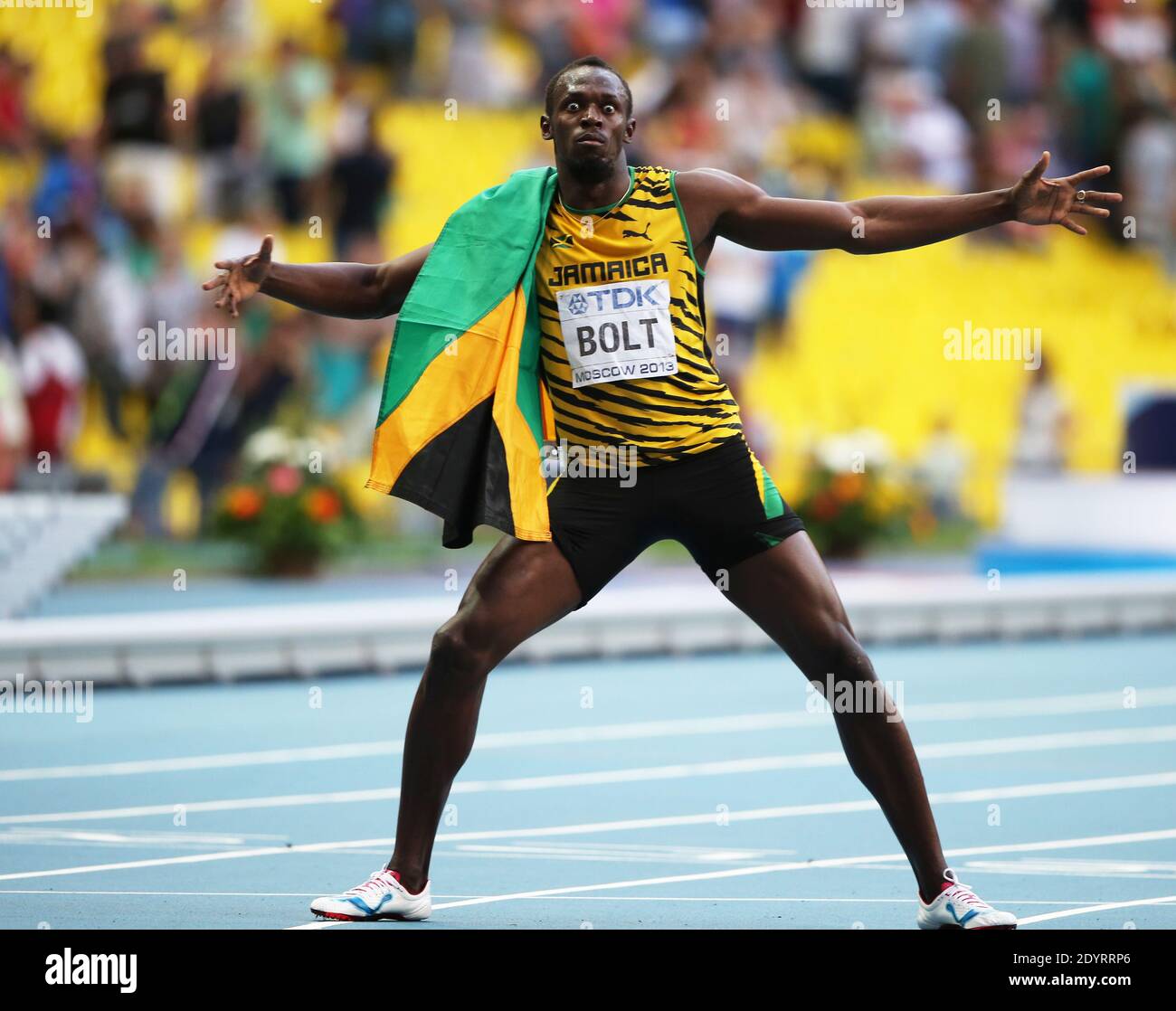 Usain Bolt of Jamaica celebrates after winning the men's 200m final at the 14th IAAF World Championships in Athletics at Luzhniki Stadium in Moscow, Russia, 17 August 2013. Photo by Giuliano Bevilacqua/ABACAPRESS.COM Stock Photo