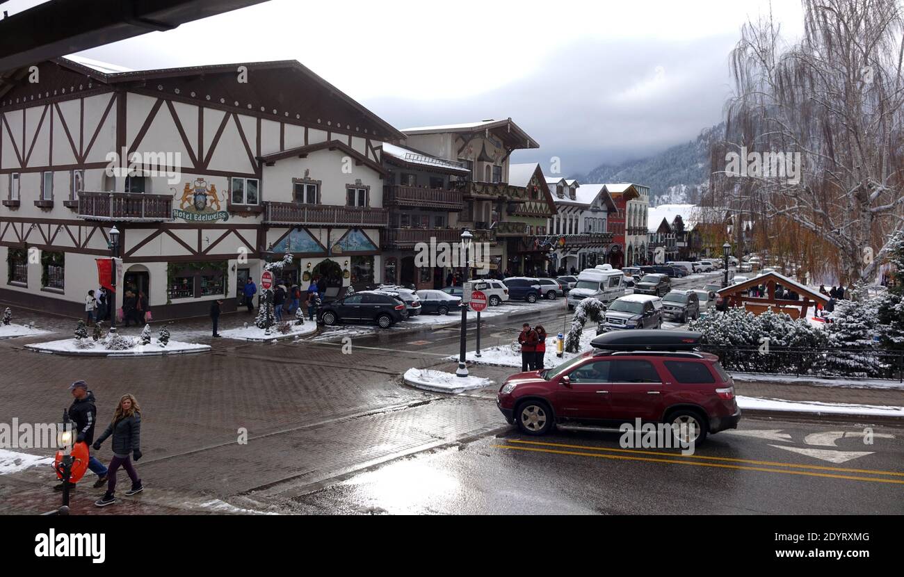 Leavenworth Washington is a community located on the eastern slopes of the Cascade Mountains approximatly 140 miles from Seattle. It is based on a Bav Stock Photo