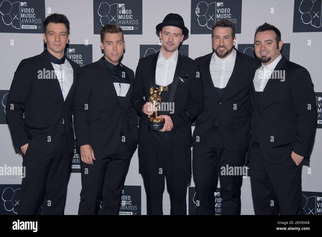 JC Chasez, Lance Bass, Justin Timberlake, Joey Fatone and Chris Kirkpatrick of N'Sync pose in the press room of the 2013 MTV Video Music Awards held at the Barclays Center i Brooklyn, New York City, NY, USA on August 25, 2013. Photo by Lionel Hahn/ABACAPRESS.COM Stock Photo