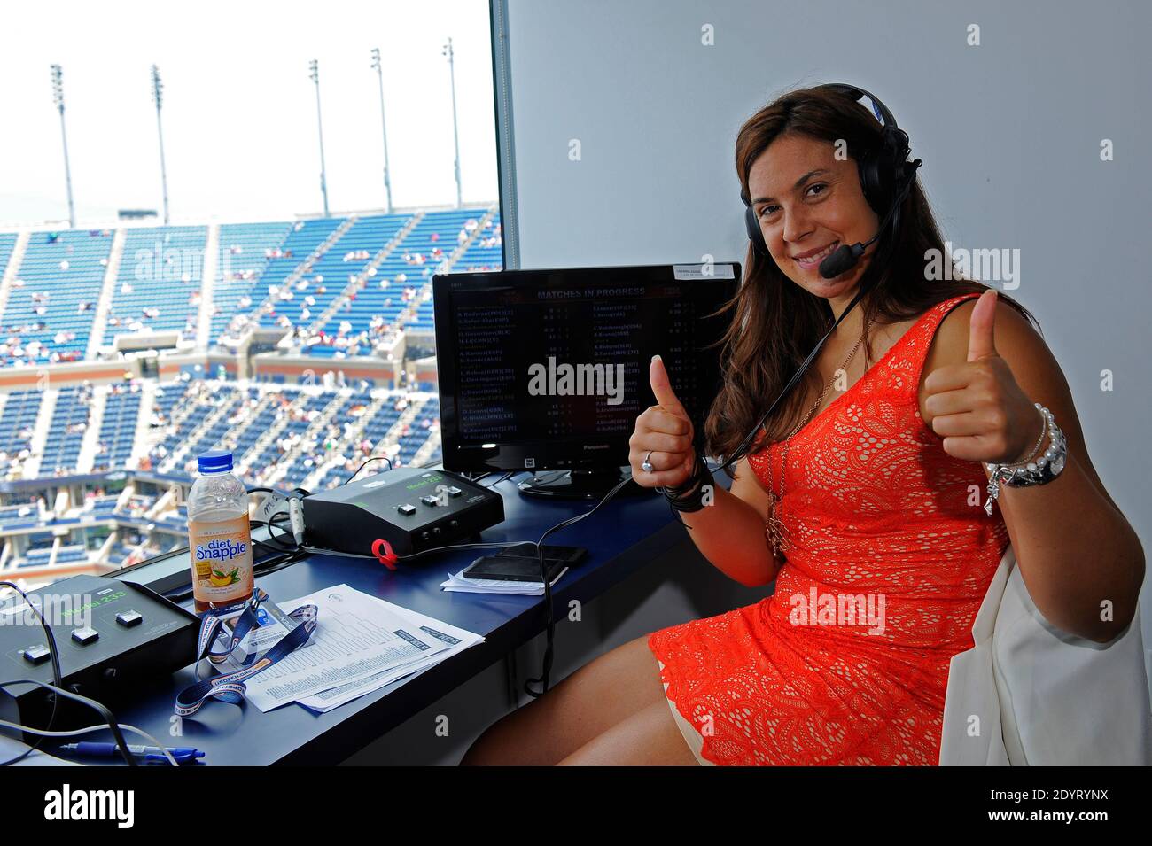 Former tennis player Marion Bartoli makes her debut as a sports commentator  for Eurosport France at the Tennis US Open tournament held at the Arthur  Ashe stadium in Flushing Meadows, New York