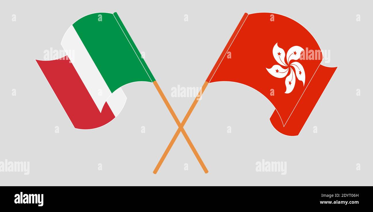 Crossed and waving flags of Hong Kong and Italy Stock Vector