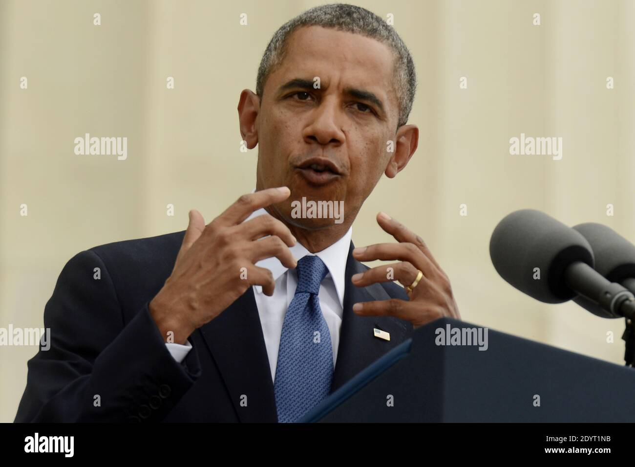 US President Barack Obama delivers remarks during the 'Let Freedom Ring' commemoration event, at the Lincoln Memorial in Washington DC, USA, 28 August 2013. The event was held to commemorate the 50th anniversary of the 28 August 1963 March on Washington led by the late Dr. Martin Luther King Jr., where he famously gave his 'I Have a Dream' speech. Photo by Michael Reynolds/Pool/ABACAPRESS.COM Stock Photo