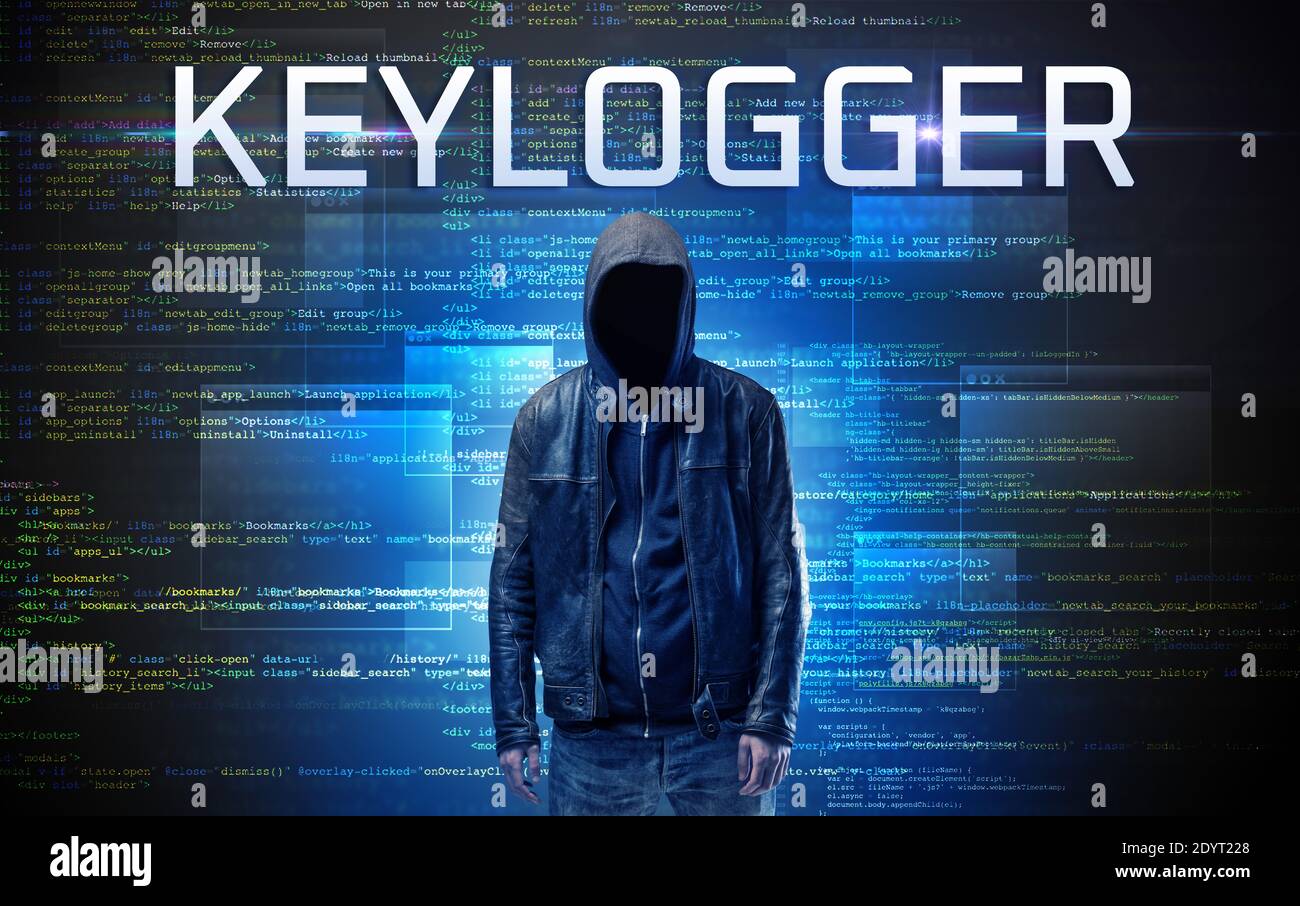 Faceless hacker with KEYLOGGER inscription on a binary code background Stock Photo