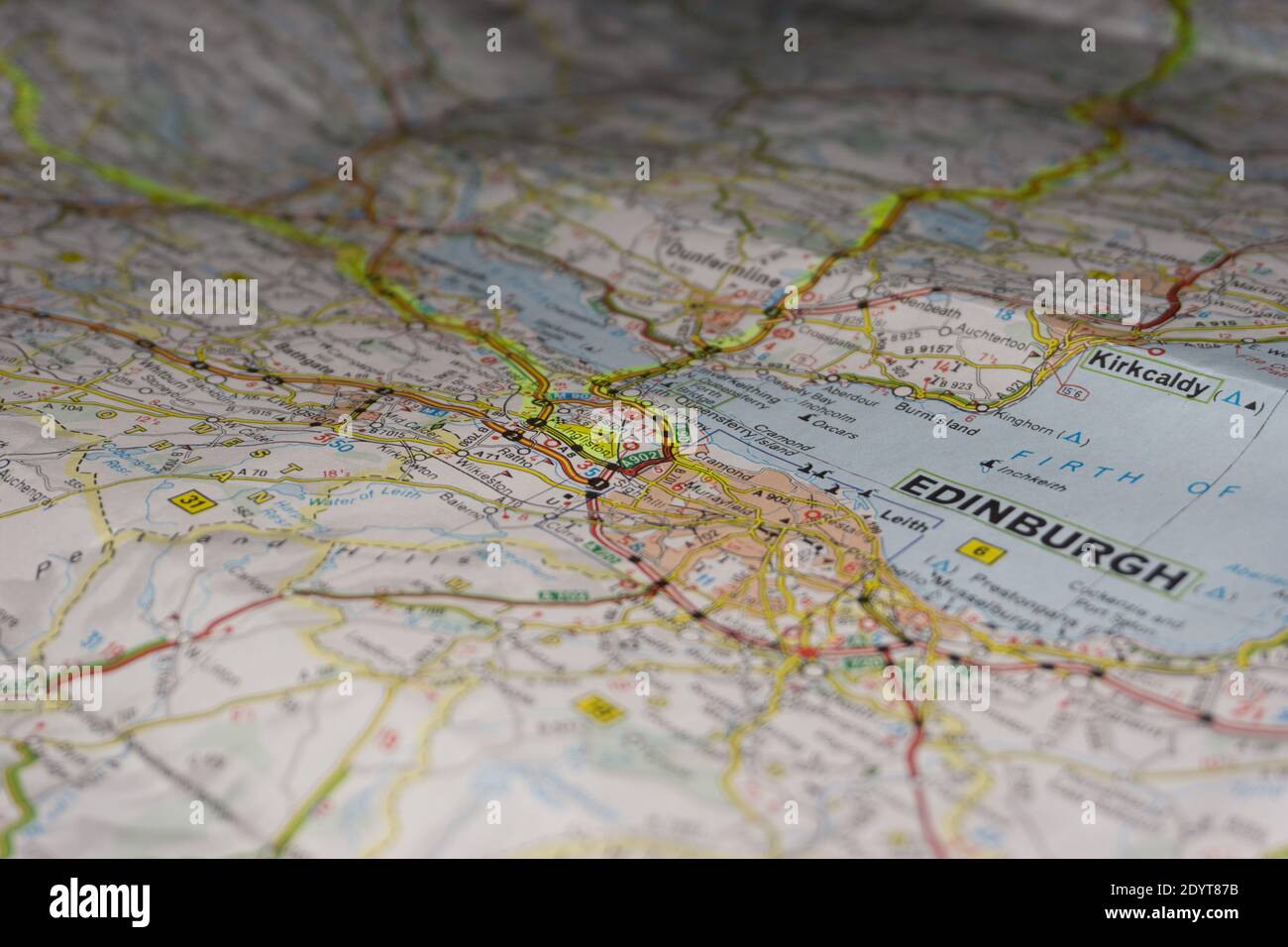 Detail of a road map of scotland marked with text marker area Edinburgh Stock Photo