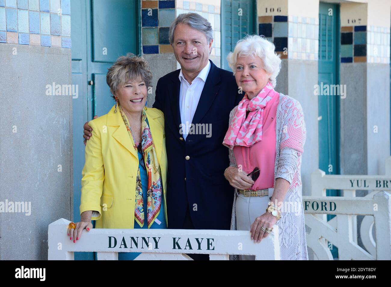 Dena Kaye posing with Deauville's Mayor Philippe Augier and Anne d'Ornano during a tribute for her father Danny Kaye during the 39th Deauville American Film Festival in Deauville, France on September 4, 2013. Photo by Nicolas Briquet/ABACAPRESS.COM Stock Photo