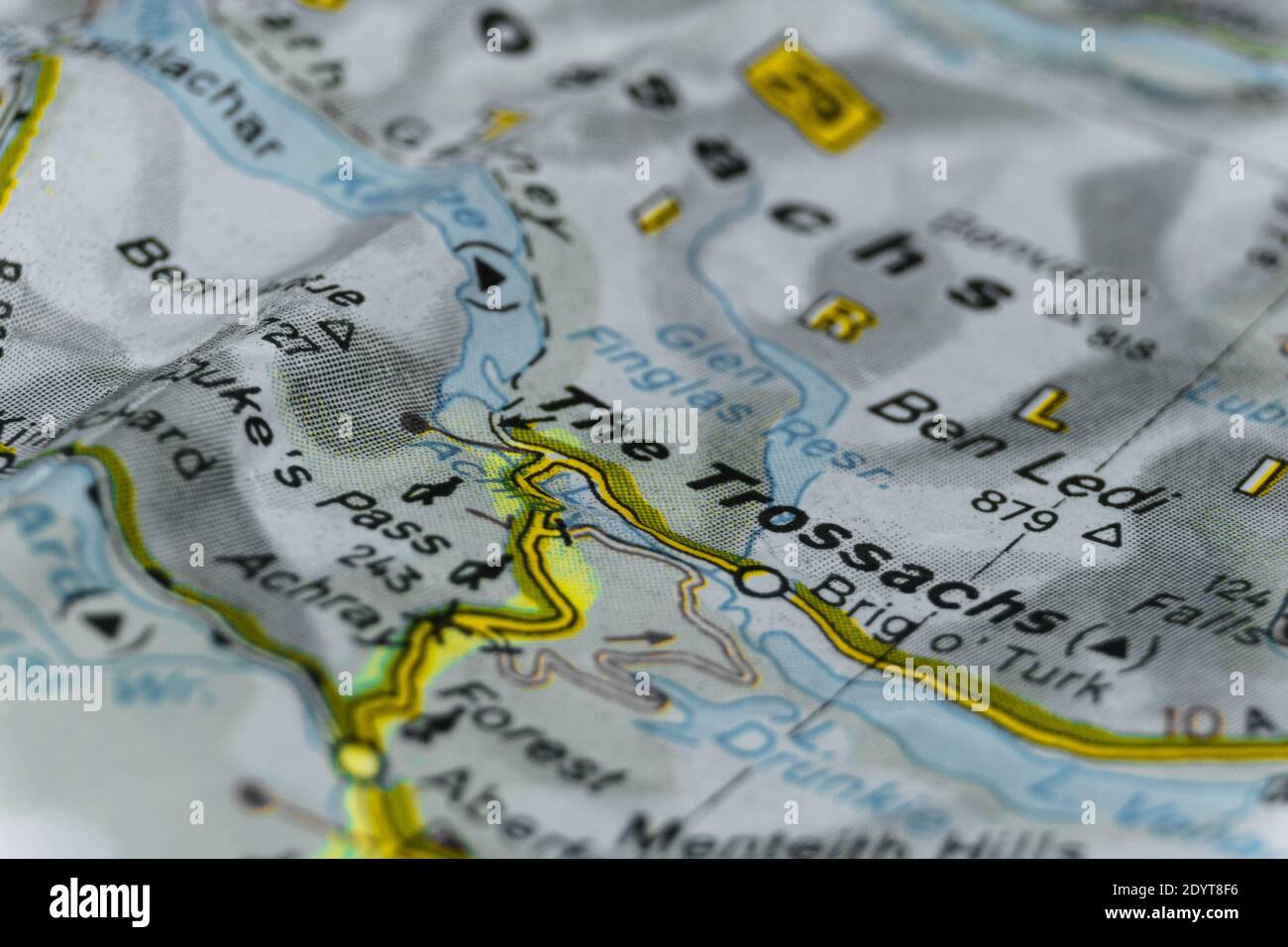 Detail of a road map of scotland marked with text marker area The Trossachs Stock Photo