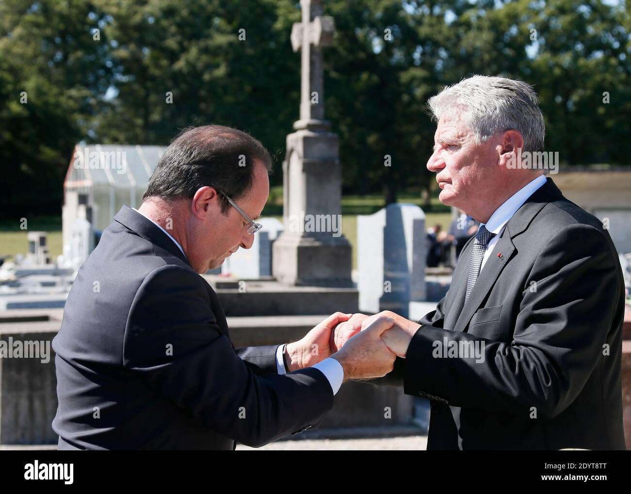 French President Francois Hollande (L) and German President Joachim Gauck are pictured at the memorial site in Oradour-sur-Glane, France on September 4, 2013. A unit of SS officers murdered 642 citizens of the town during World War II in June 1944. The German President is on a three-day visit to France. Photo by Patrick Bernard/ABACAPRESS.COM Stock Photo