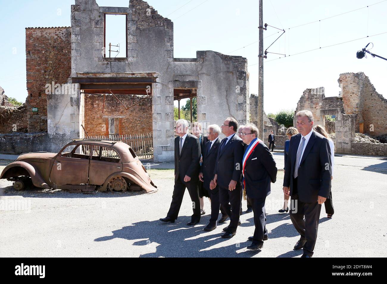 French President Francois Hollande and German President Joachim Gauck are pictured at the memorial site in Oradour-sur-Glane, France on September 4, 2013. A unit of SS officers murdered 642 citizens of the town during World War II in June 1944. The German President is on a three-day visit to France. Photo by Patrick Bernard/ABACAPRESS.COM Stock Photo