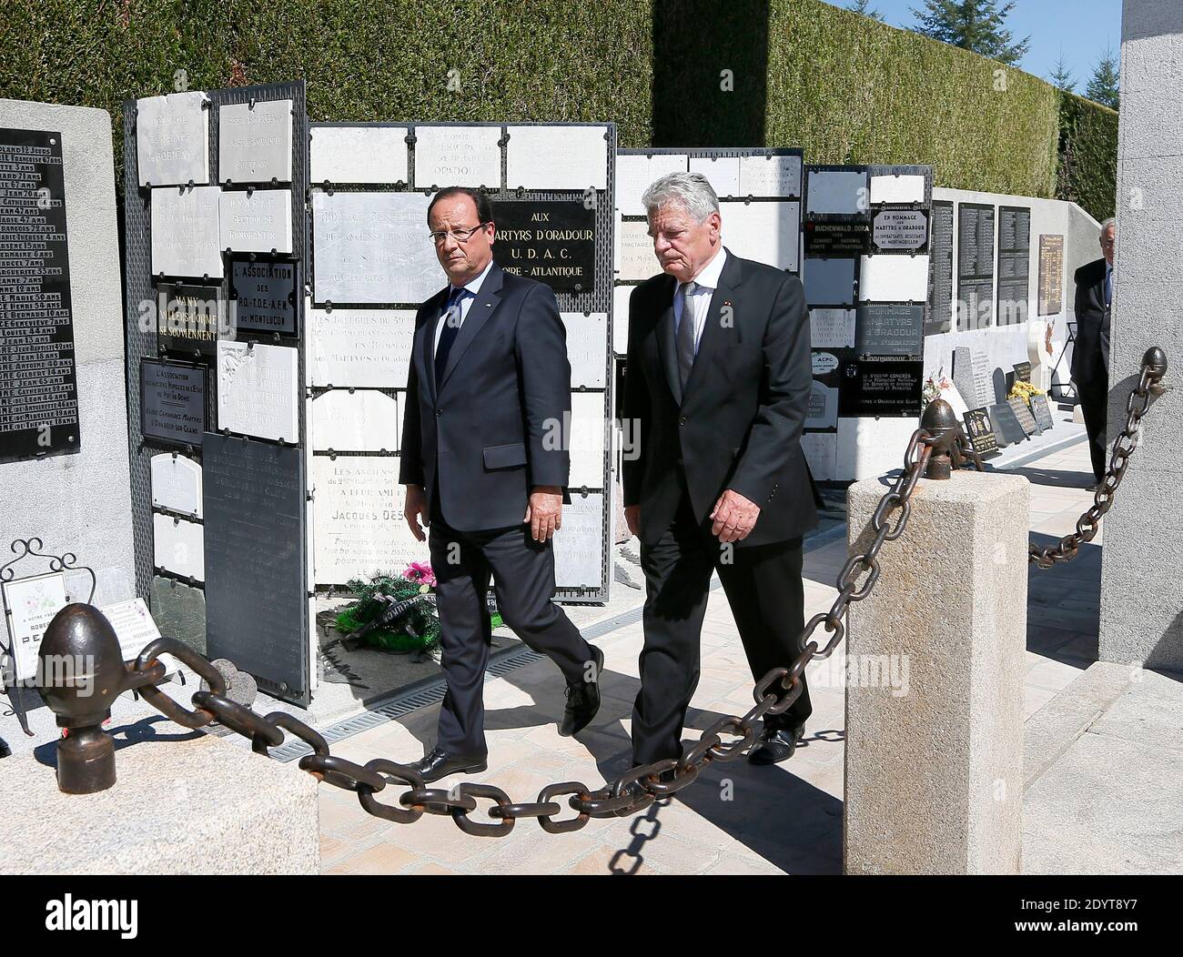 French President Francois Hollande (L) and German President Joachim Gauck are pictured at the memorial site in Oradour-sur-Glane, France on September 4, 2013. A unit of SS officers murdered 642 citizens of the town during World War II in June 1944. The German President is on a three-day visit to France. Photo by Patrick Bernard/ABACAPRESS.COM Stock Photo