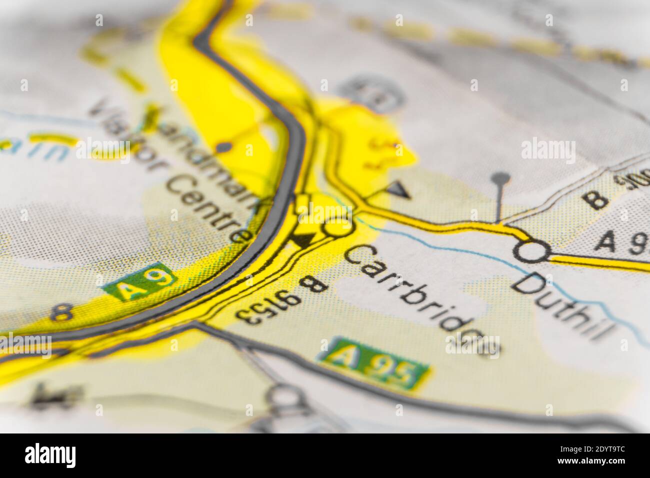 Detail of a road map of scotland marked with text marker area carrbridge Stock Photo