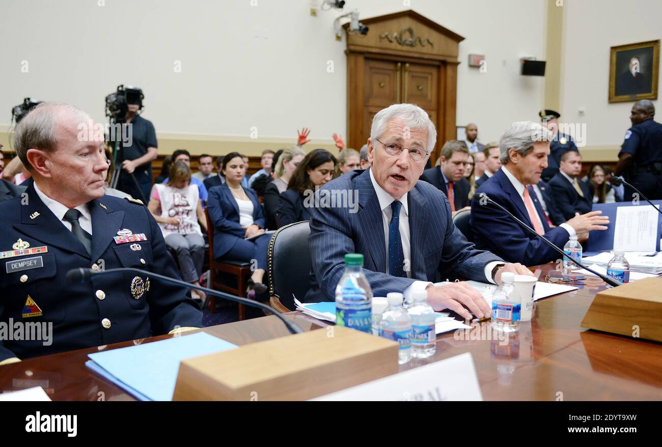 Defense Secretary Chuck Hagel ,Chairman of the Joint Chief of Staff General Martin Dempsey and Secretary of State John Kerry testify at a House Foreign Affairs Committee hearing on Syria at the Rayburn House Office Building, September 4 2013 in Washington, DC, USA. Photo by Olivier Douliery/ABACAPRESS.COM Stock Photo