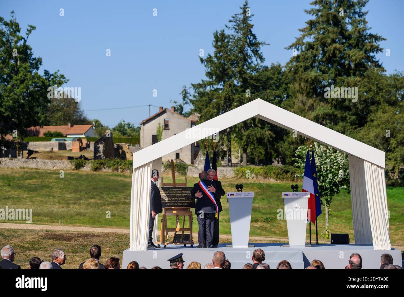 French President Francois Hollande and German President Joachim Gauck are pictured at the memorial site in Oradour-sur-Glane, France on September 4, 2013. A unit of SS officers murdered 642 citizens of the town during World War II in June 1944. The German President is on a three-day visit to France. Photo by Christophe Petit Tesson/Pool/ABACAPRESS.COM Stock Photo
