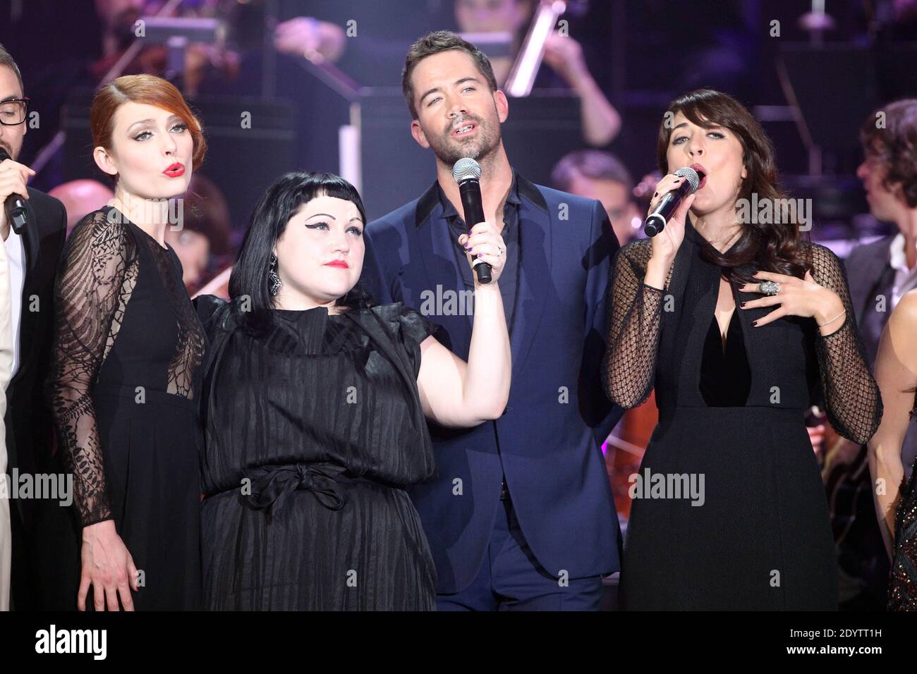 Elodie Frege, Beth Ditto, Emmanuel Monge and Nolwenn Leroy perform during the Francofolies concert tribute to Edith Piaf at the Beacon Theater in New York City, NY, USA on September 19, 2013. Photo by Charles Guerin/ABACAPRESS.COM Stock Photo