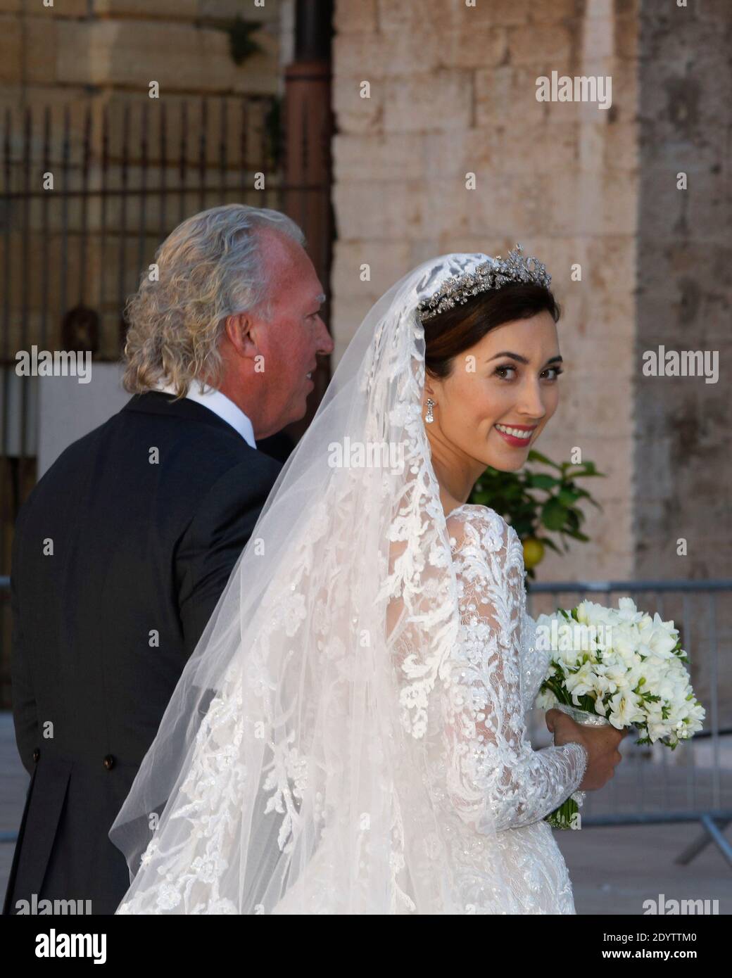 The bride Claire Lademacher arriving with her father Hartmut Lademacher for her religious wedding to Prince Felix of Luxembourg at Sainte-Marie-Madeleine basilica, in Saint-Maximin-la-Sainte-Baume, southern France on September 21, 2013. Photo by ABACAPRESS.COM Stock Photo