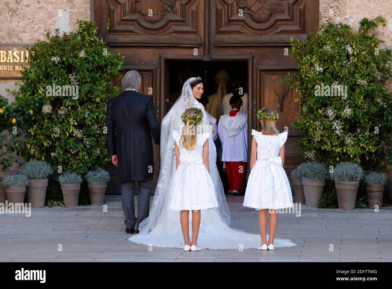 The bride Claire Lademacher arriving with her father Hartmut Lademacher for her religious wedding to Prince Felix of Luxembourg at Sainte-Marie-Madeleine basilica, in Saint-Maximin-la-Sainte-Baume, southern France on September 21, 2013. Photo by ABACAPRESS.COM Stock Photo