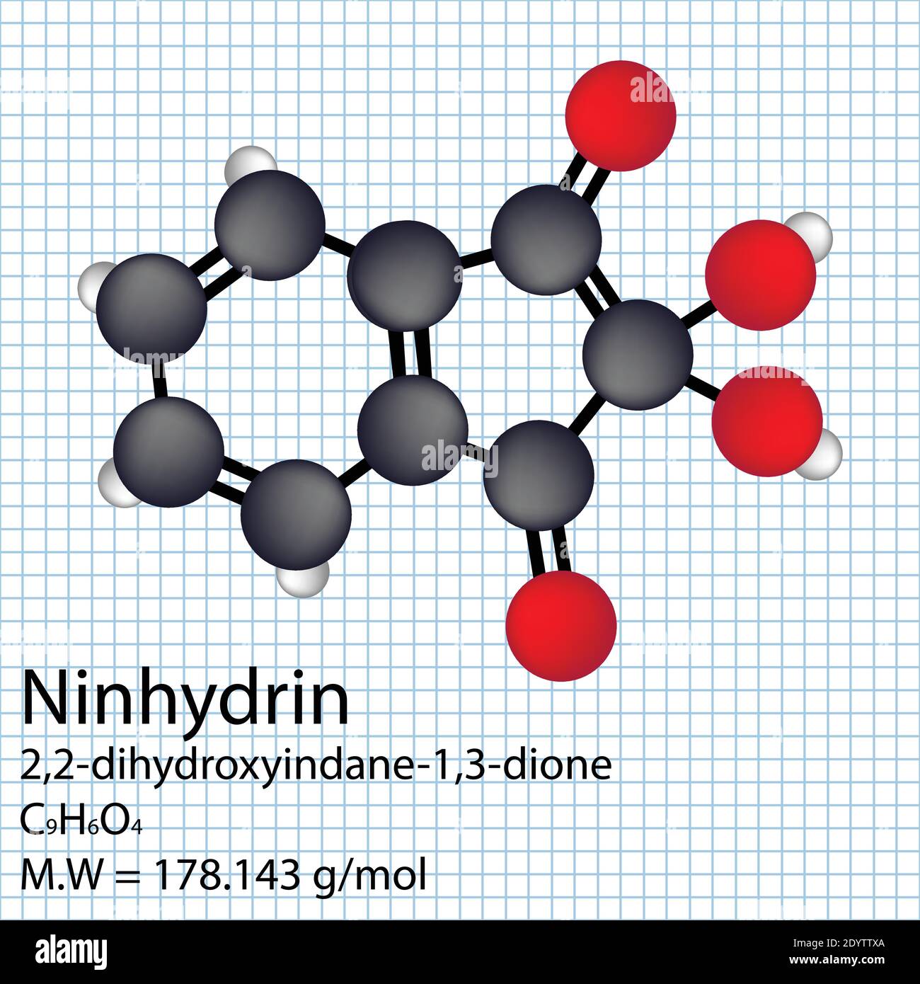 Ninhydrin Chemical formula with IUPAC name and molecular weight. 3d molecular structure vector illustration on white paper background. Stock Vector