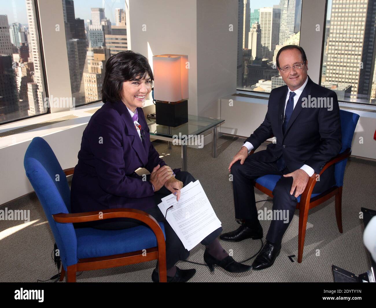 French President Francois Hollande meets with CNN Chief International Correspondent Christiane Amanpour for an interview at the Permanent Mission of France to the United Nations during the 68th session of the UN General Assembly in New York City, NY, USA on September 24, 2013. Photo by Charles Guerin/ABACAPRESS.COM Stock Photo