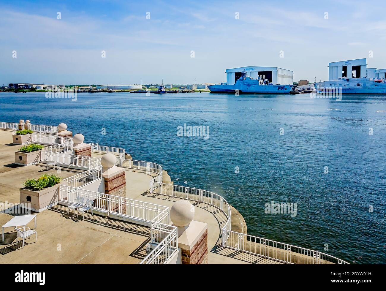 Austal USA’s ship manufacturing facility, on the Mobile River, is pictured from the Mobile Convention Center, Aug. 25, 2017, in Mobile, Alabama. Stock Photo