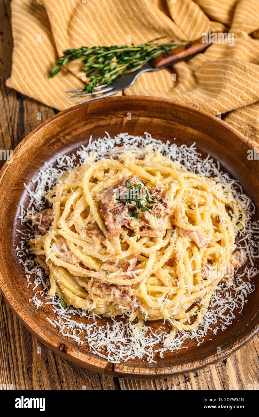 Spaghetti Carbonara Pasta With Pancetta Egg Hard Parmesan Cheese And Cream Sauce Wooden Background Top View Stock Photo Alamy