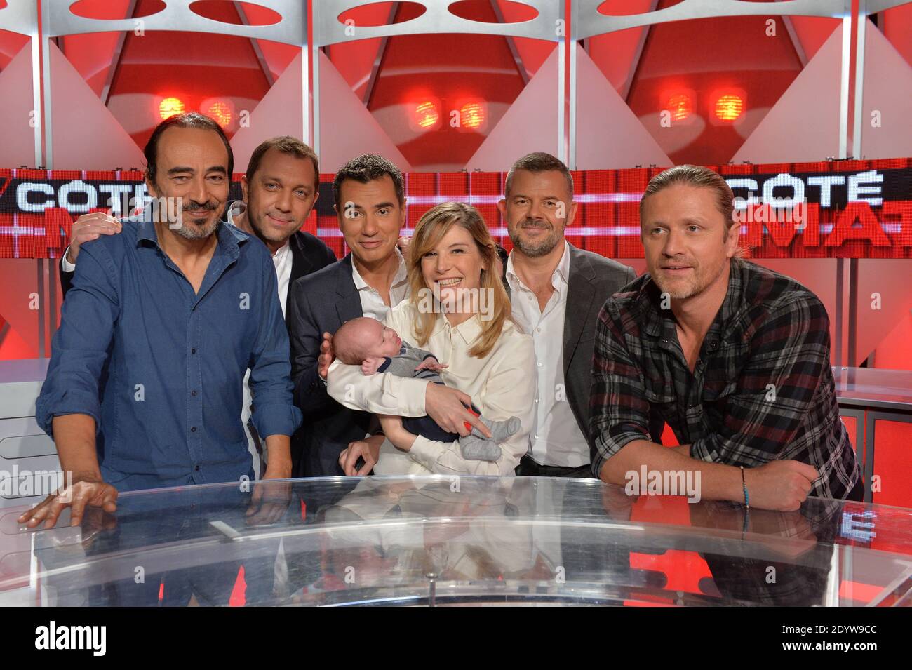 Xavier Gravelaine, Emmanuel Petit, Didier Roustan, Éric Naulleau, Louise  Ekland and son Sacha and Laurent Luyat at the taping of 'Cote Match' on  September 27, 2013 in Paris, France. Photo by Max