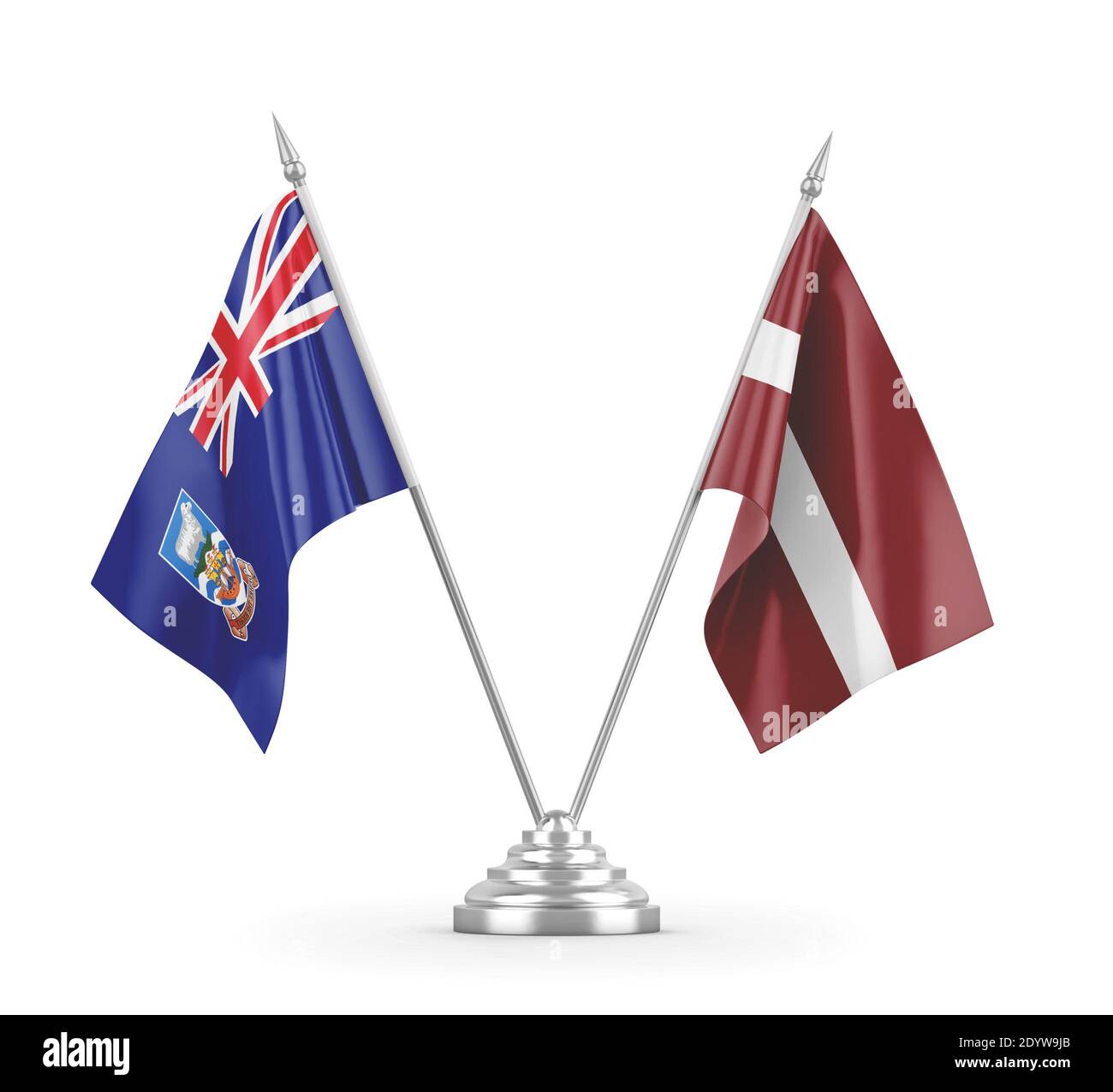 Latvia and Falkland Islands table flags isolated on white 3D rendering Stock Photo