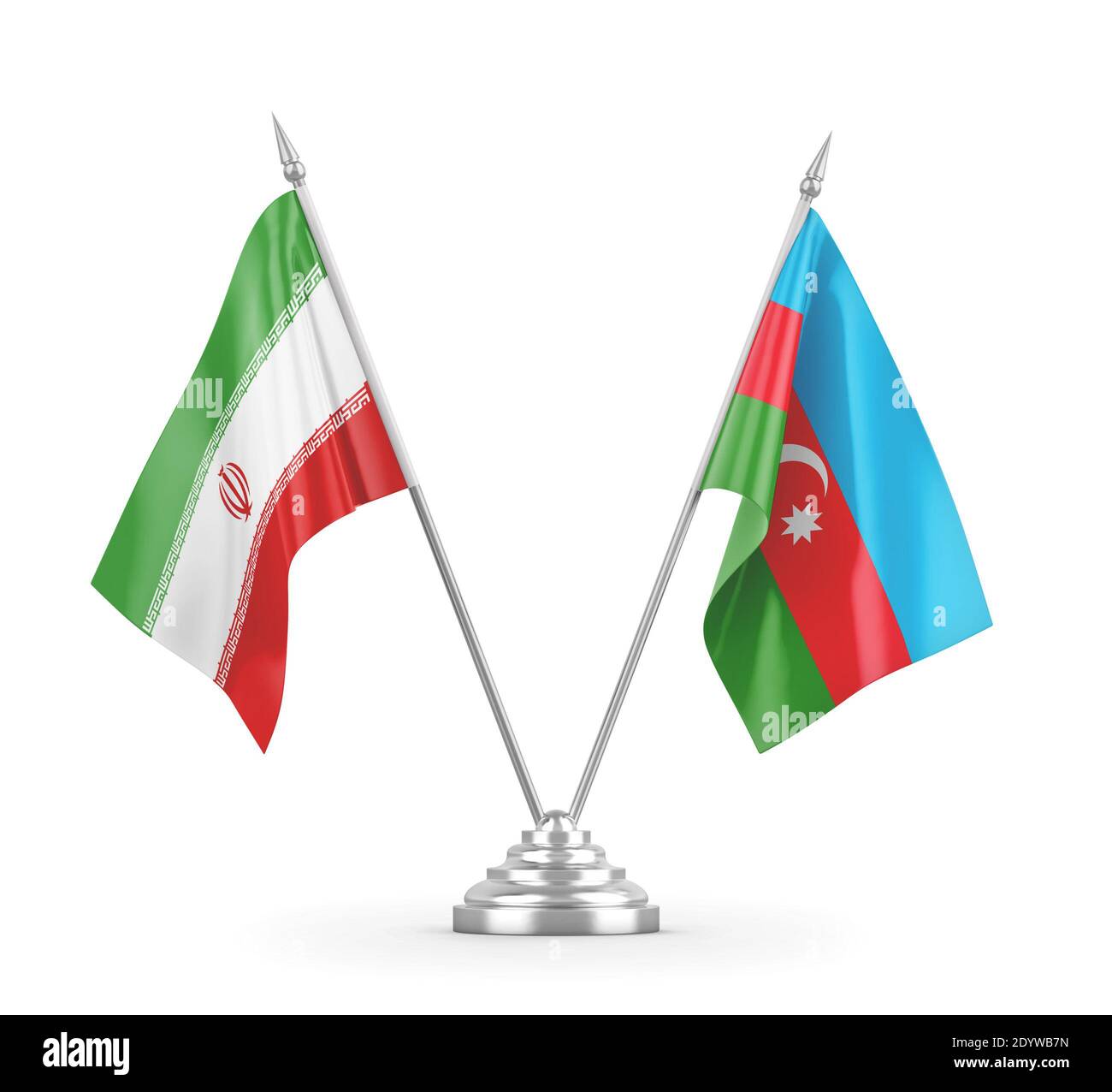 Azerbaijan and Iran table flags isolated on white 3D rendering Stock Photo