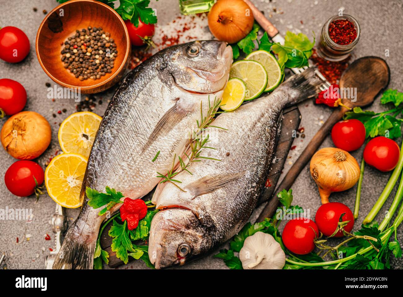 Fresh gilthead sea bream.Local fish market.Fresh seafood.Expensive dorado fish recipe and seasoning.Healthy Mediterranean diet.Sustainable fishing. Stock Photo