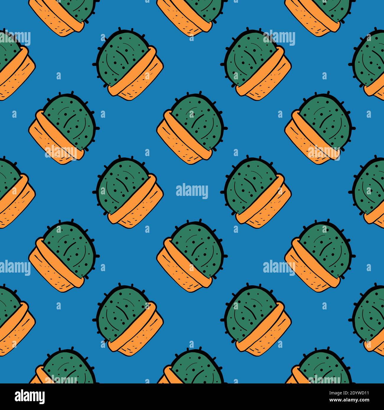 Cactus in a pot ,seamless pattern on blue background. Stock Vector