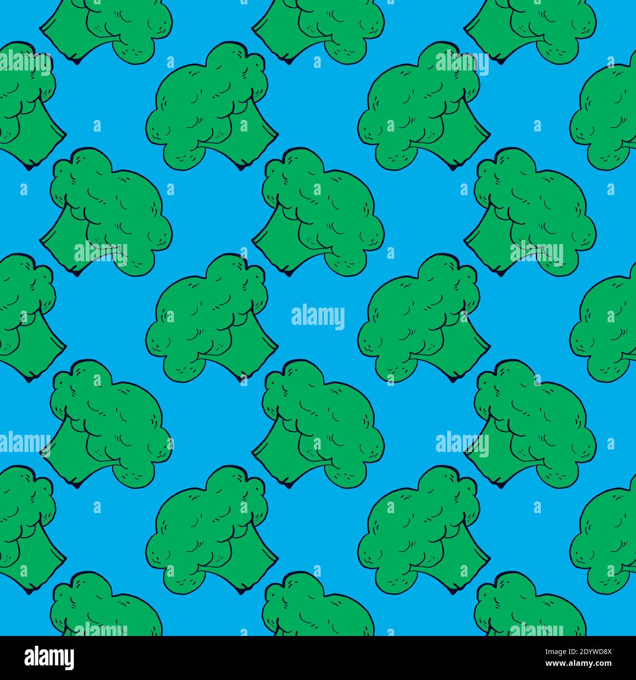 Green broccoli,seamless pattern on blue background. Stock Vector