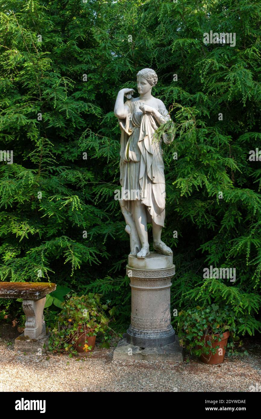 Diana of Gabii statue, identified as Artemis - the virgin goddess of hunting and the wild. Linden Walk at Naumkeag, in Stockbridge, MA, USA. Stock Photo