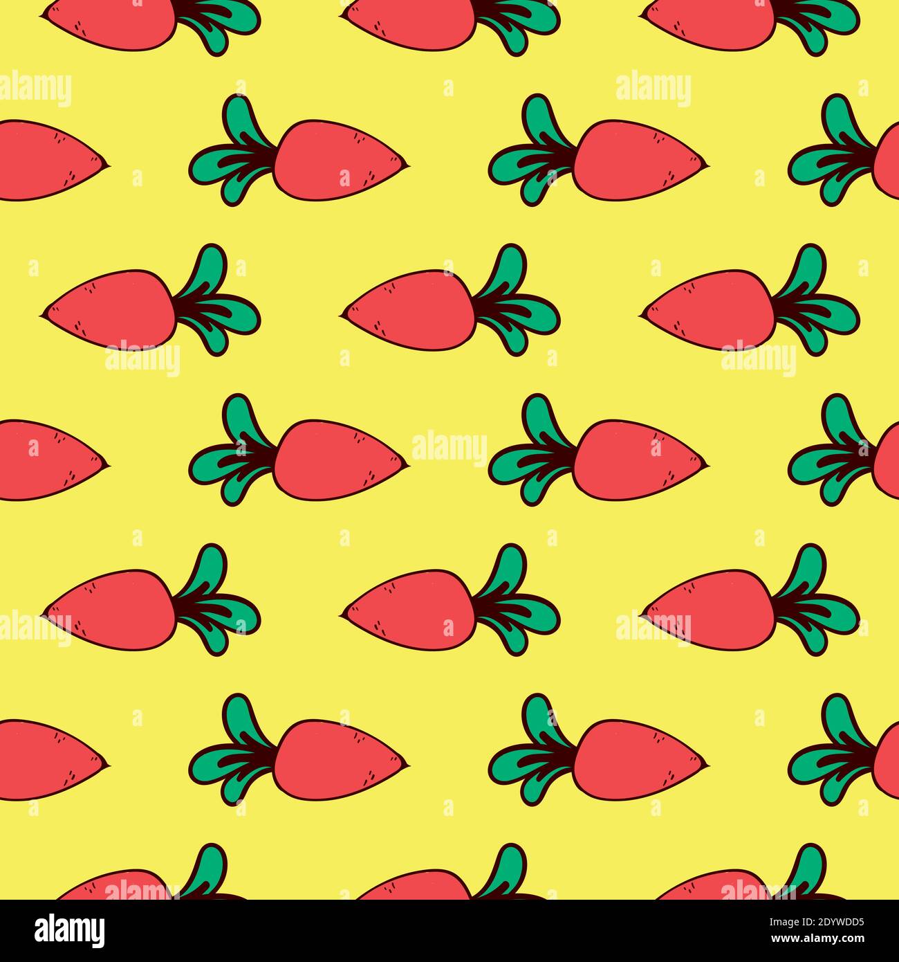 Baby carrots,seamless pattern on yellow background. Stock Vector
