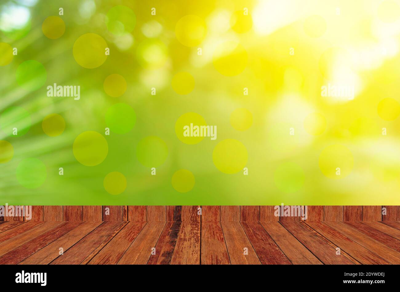 Wood plate table Green Background Bokhe Stock Photo