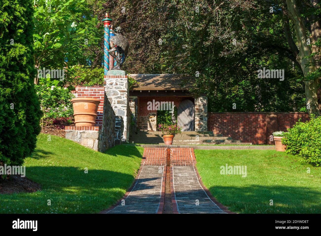 The Runnel carries water from the Afternoon Garden to the top of and down the Blue Steps. Naumkeag manor and country estate, in Stockbridge, MA, USA. Stock Photo