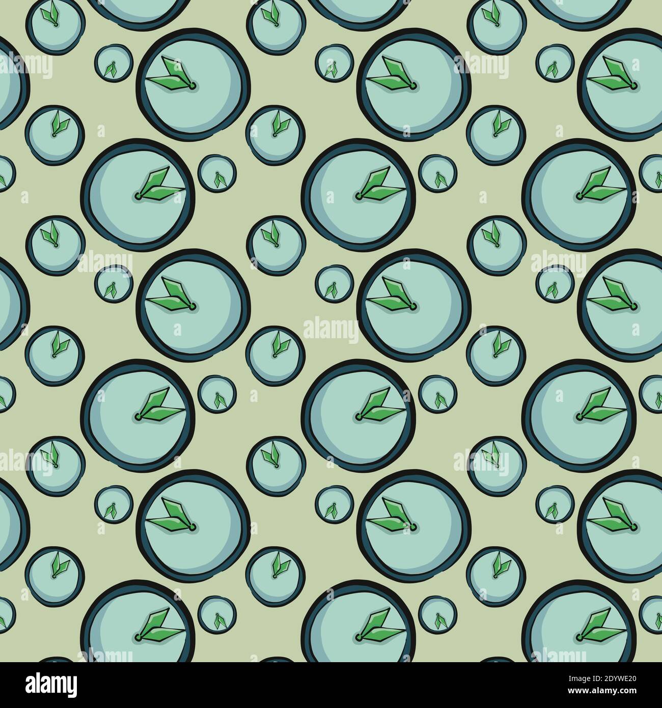 Blue clocks,seamless pattern on green background. Stock Vector