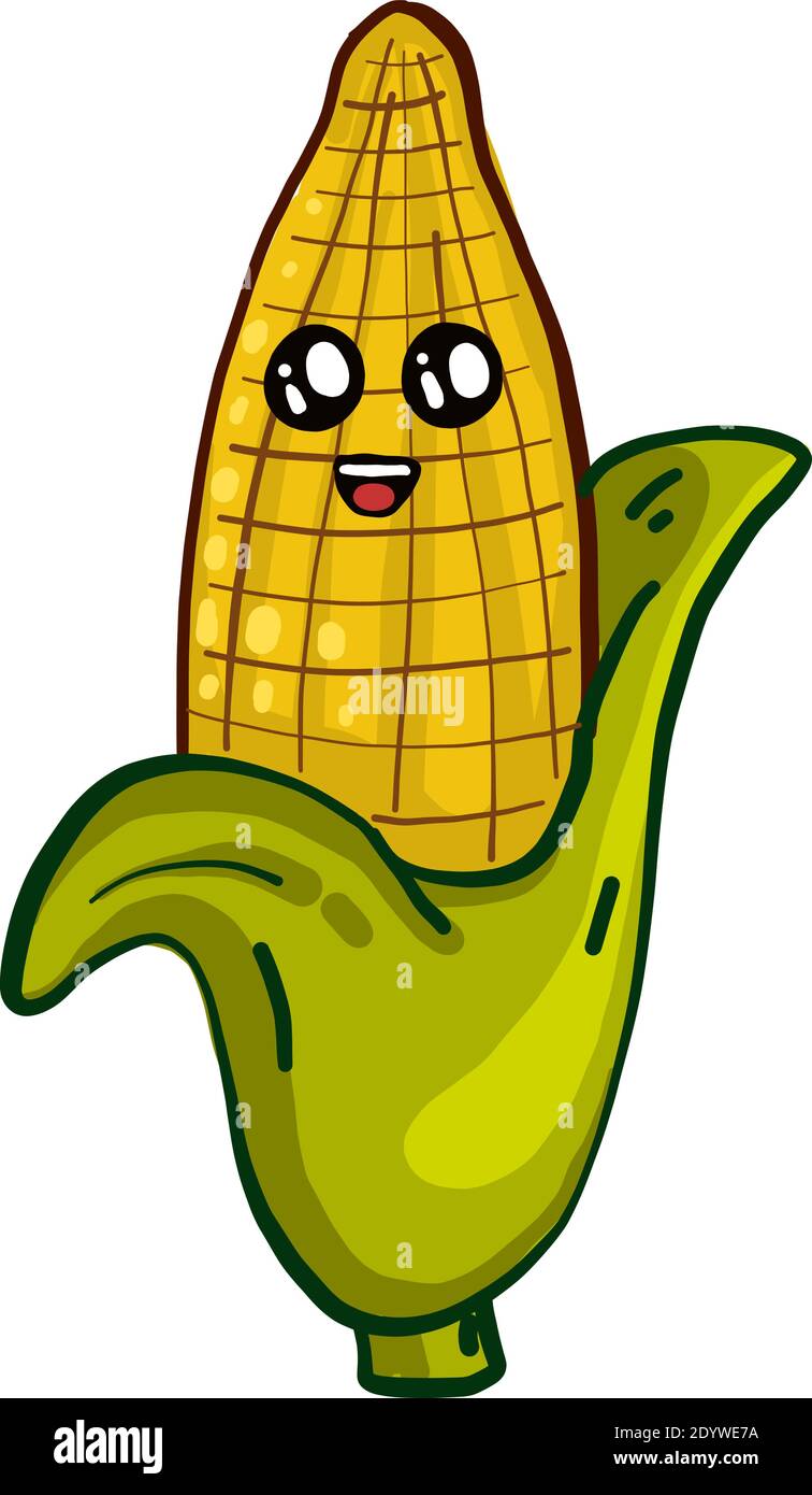 Cute corn with a face, illustration, vector on a white background Stock