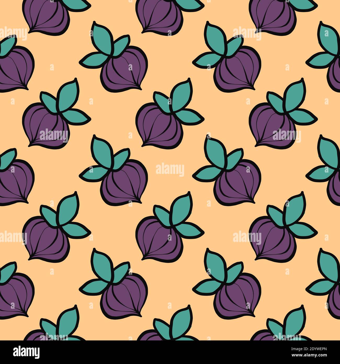 Purple fig,seamless pattern on orange background. Stock Vector