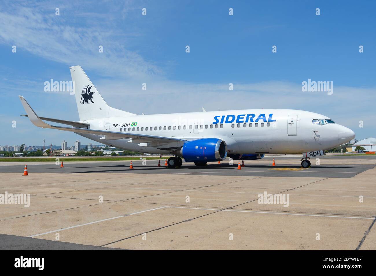 Sideral Airlines Boeing 737-500 parked at Porto Alegre Airport in Brazil. Aircraft 737 used for charter flights. Sideral Linhas Aereas aircraft. Stock Photo
