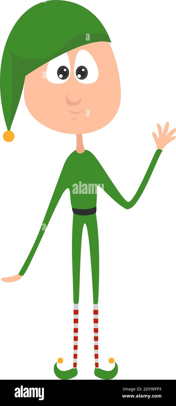 Elf dressed in green, illustration, vector on a white background. Stock Vector