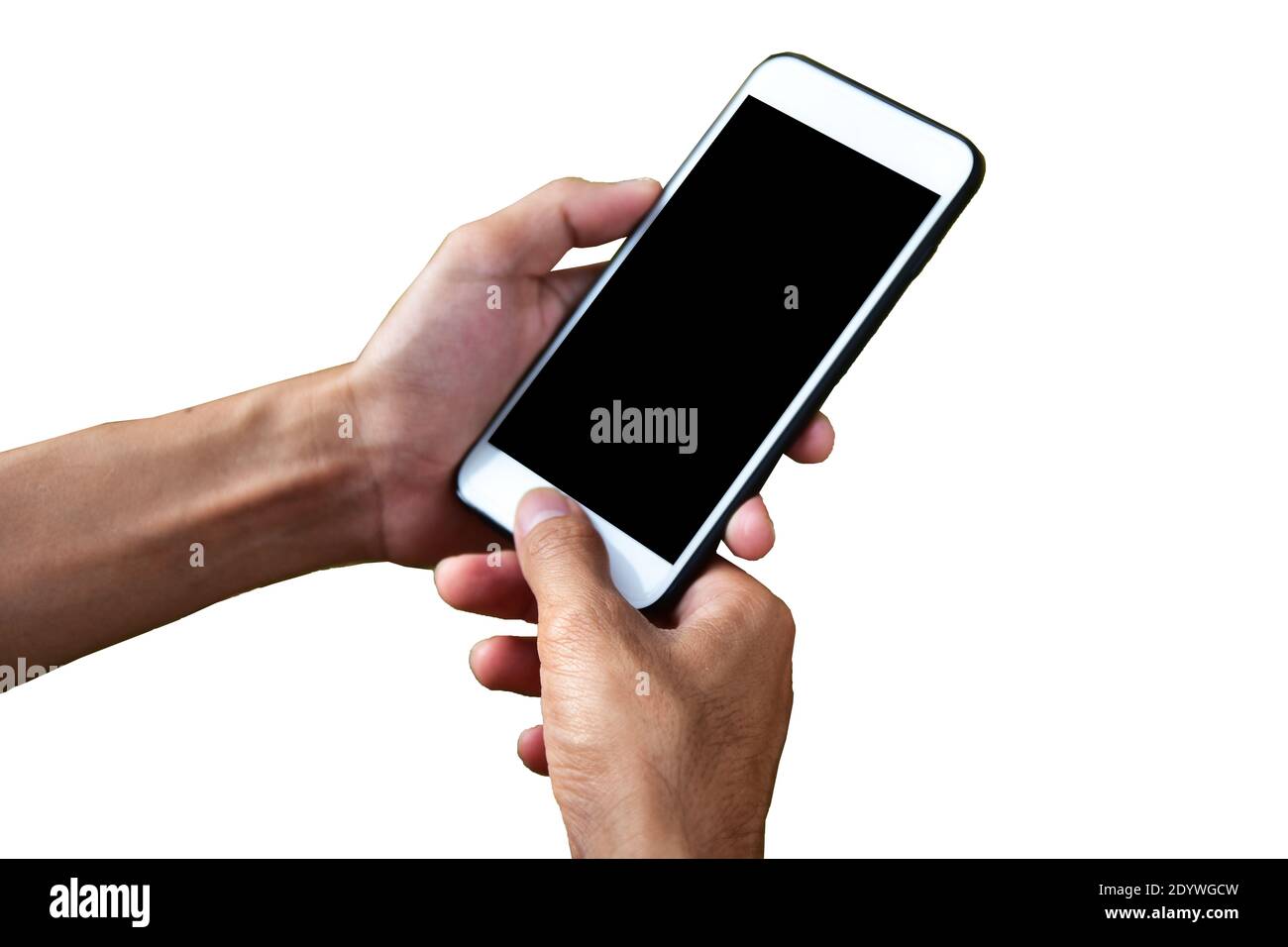 Hand holding mobile smart phone on white background Stock Photo - Alamy