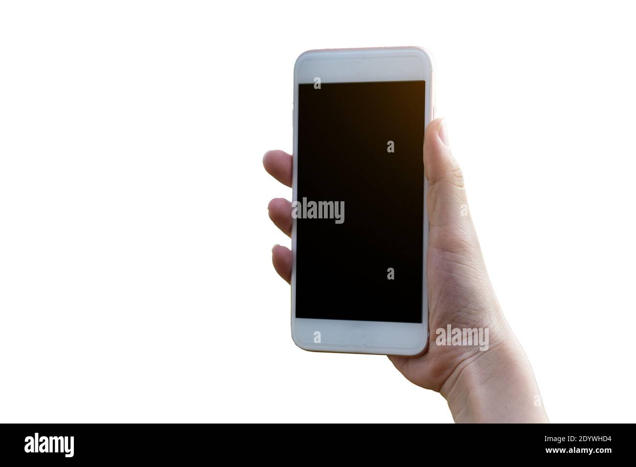 Hand holding mobile smart phone on white background Stock Photo - Alamy